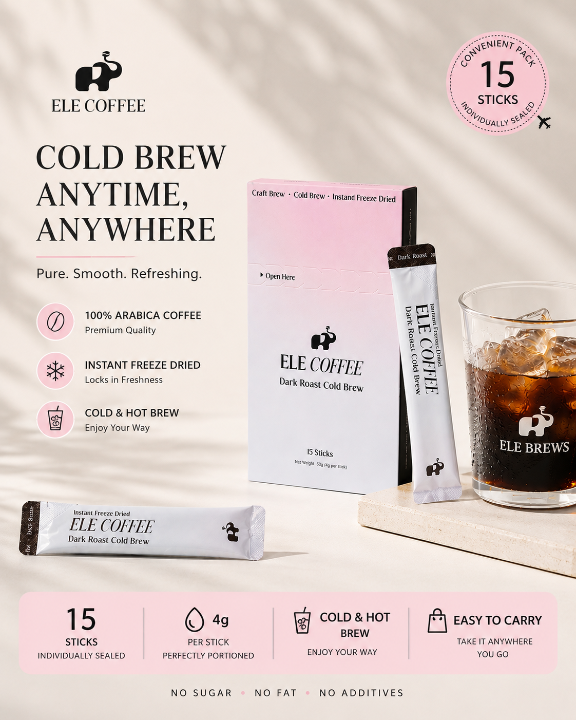 ELE COFFEE Freeze-Dried Cold Brew Coffee Packets– Dark Roast (15 Sticks)